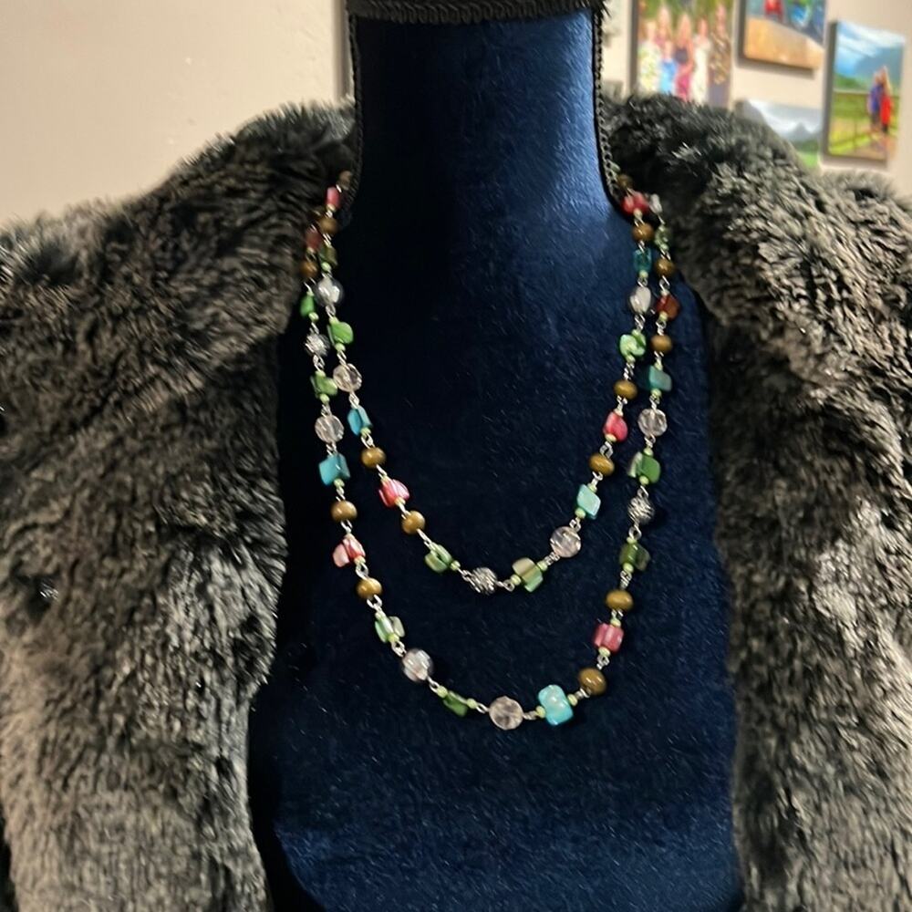 BEADED Necklace  Blue Green Pink Brown Silver unique shaped stones